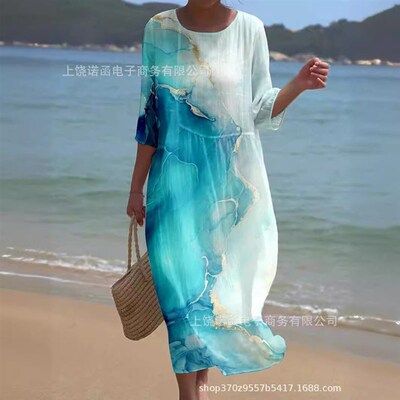 2025 Womens Loose Round Neck Fashion High Long Sleeve Print