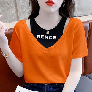早春短袖t恤女夏季拼接假两件套时尚洋气时髦高级感短款上衣夏款