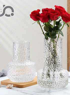 北欧简约锤纹印章冰极玻璃花瓶餐桌家居水培百合玫瑰鲜花摆件花器