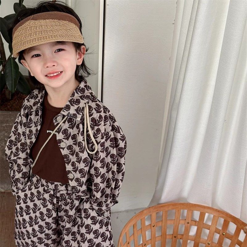 暮晨家新款夏装2025男童碎花长袖衬衫防晒衣宝宝外套短裤两件套装