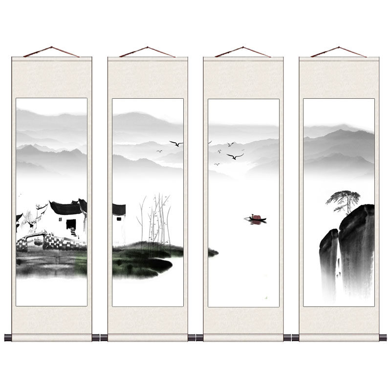 富贵平安水墨江南禅意花鸟四条屏山水挂画四幅卷轴画定制名家装饰