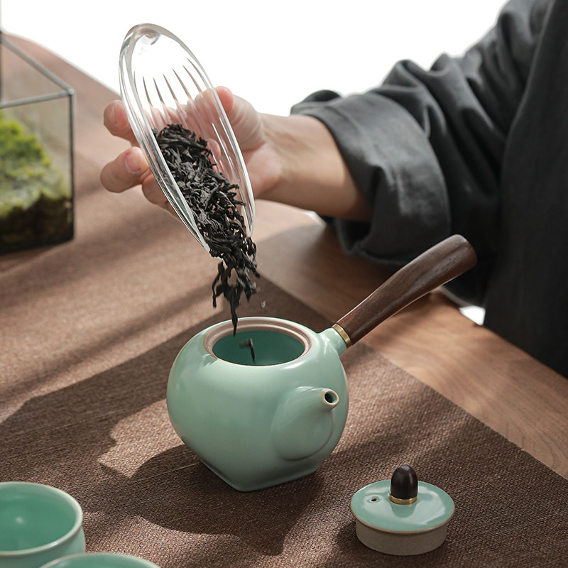 侧把汝窑天青茶具套装家用客厅盖碗茶壶功夫茶杯开片可养礼盒装记