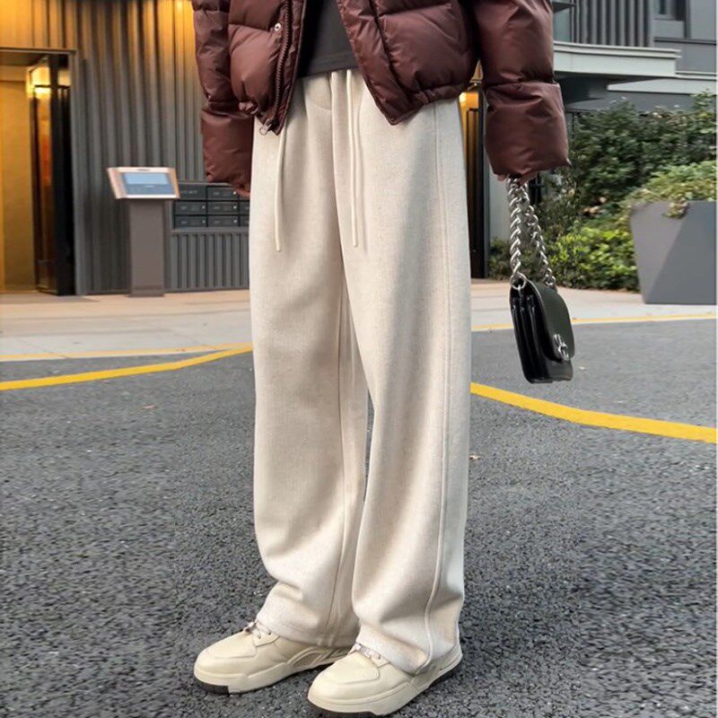 2024秋冬加绒裤子女米白色弯刀裤女宽松休闲直筒裤显瘦加厚阔腿裤