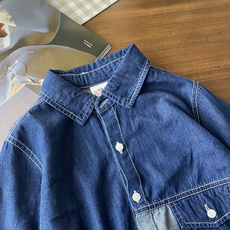 高含棉很柔软的牛仔布~100-160男童潮款拼色牛仔衬衫2023春装新品