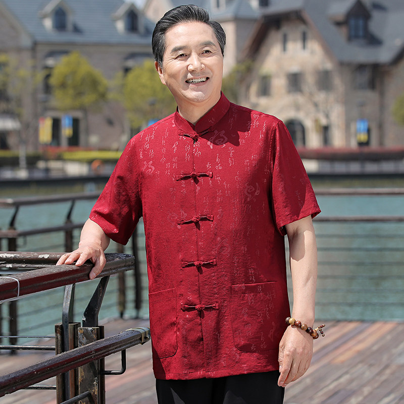 中老年唐装男爸爸夏装短袖套装夏季中国风60岁70男装爷爷老人衣服