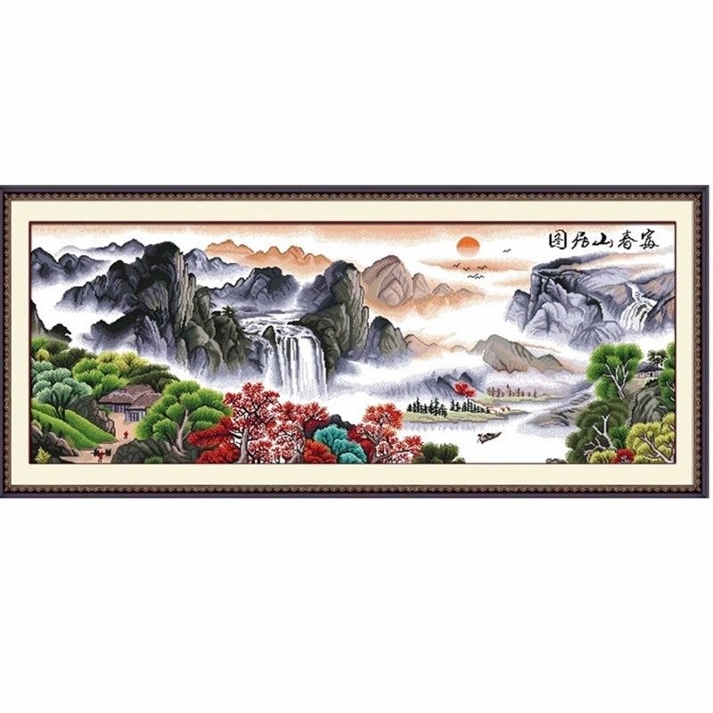 富春山居图风景流水生财机绣十字绣成品绣好客厅大画聚宝盆装饰画,居家布艺,十字绣成品,淘宝优惠券,粉丝福利购,淘宝优惠卷