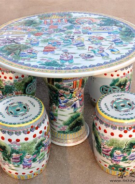 景德镇陶瓷名师手绘粉彩庭院阳台凳子瓷桌子1桌4凳套装百子图