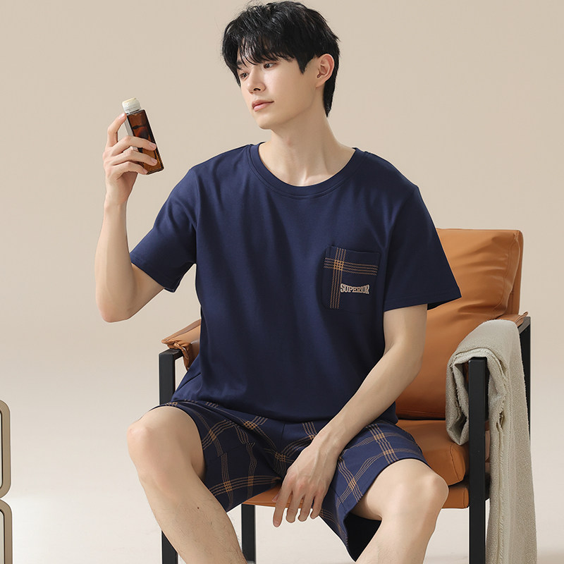 卡之恋睡衣男款纯棉夏季薄款短袖圆领套头蓝色格子短裤家居服套装