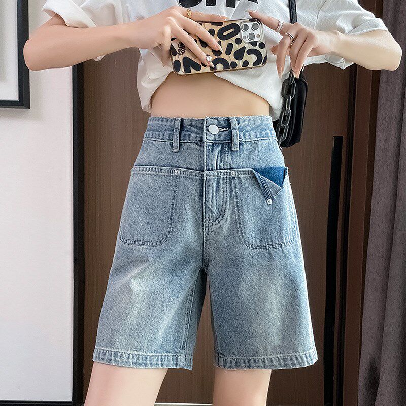 浅蓝色牛仔裤女冬季春秋直筒五分裤腿粗裤子高腰宽松阔腿5分短裤