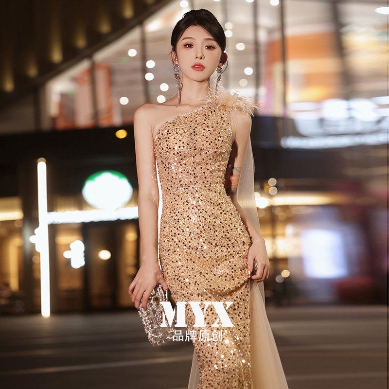年会晚礼服女宴会高贵优雅性感鱼尾修身高级感香槟金色名媛连衣裙