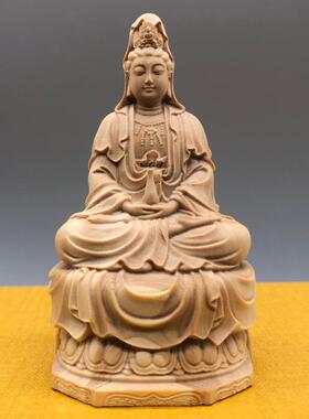 小叶黄杨木雕坐莲花净瓶观音菩萨摆件家用供奉车载中控装饰工艺品