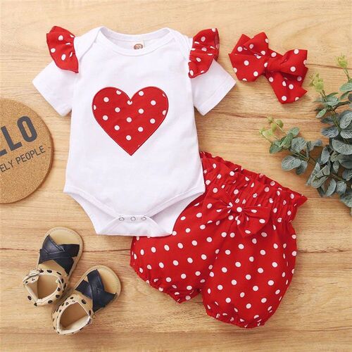 Newborn Baby Girl Daily Clothes Set Love Wave Point Short Sl