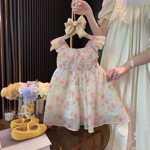 GirlsFloral Sleeveless DressBow 2025 Kids Summer Chiffon Pri