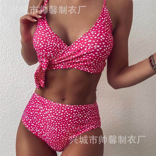 Split bikini raindrop cross tie high waisted swimsuit