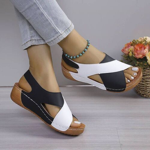 New Womens Contrast Color Wedge Sandals Summer Peep Toe