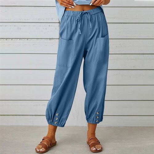 2025 Loose High Waist Button tton Pants Cropped Pants Wide L