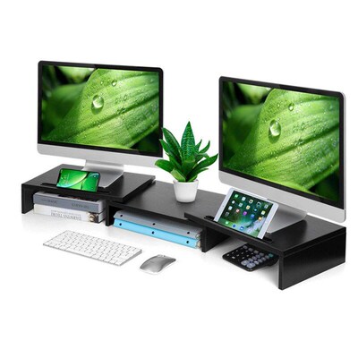 Wooden dual screen computer monitor storage increases height