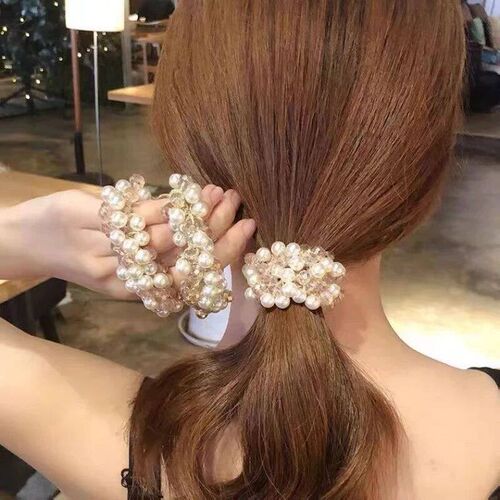 Korean Styles Women Crystal Beaded Hair Tie Elastic Pearl ta