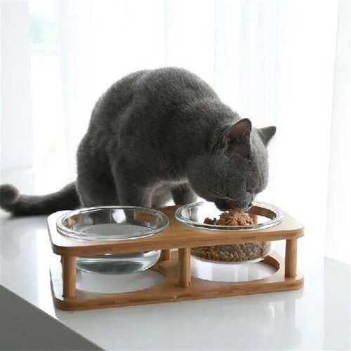 Cat Bowl Pet Accessories Glass Wooden Support Cute