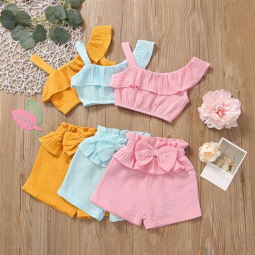 Summer Cute Baby Girls Clothes Sets One Shoulder Ruffles Top