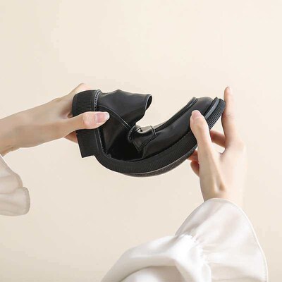 Black British Leather Shoes Womens Chunky Heel Spring and A