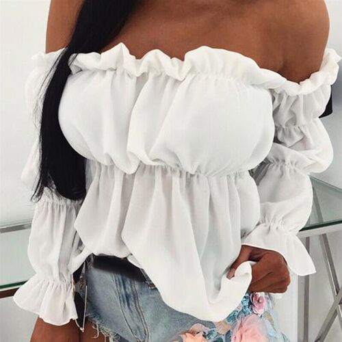 Women Blouse Solid Color Long Sleeve Lace Off Shoulder Ruffl