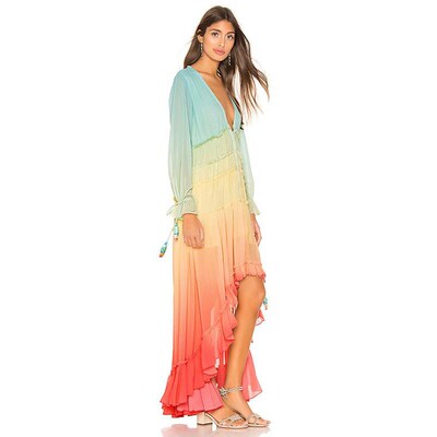 Womens Summer Bohemian Dress Printing Gradient Elegant Maxi