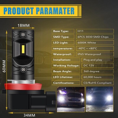 2x 1200LM H11 H8 LED Bulb Fog Light 9005 Error Free 12V Car