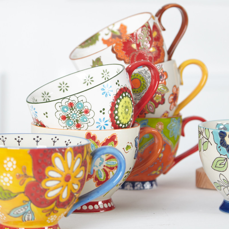 欧美风手绘大容量陶瓷咖啡杯早餐麦片杯燕麦泡面杯带把碗杯牛奶杯