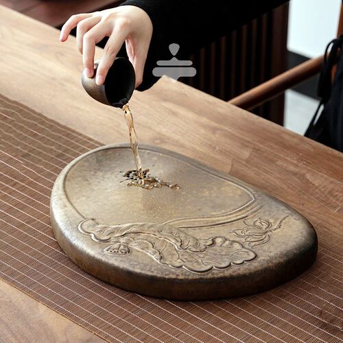 石韵莲蓬荷叶茶盘国风鎏金铁釉陶瓷盘蓄水排水双用干泡盘大号茶台