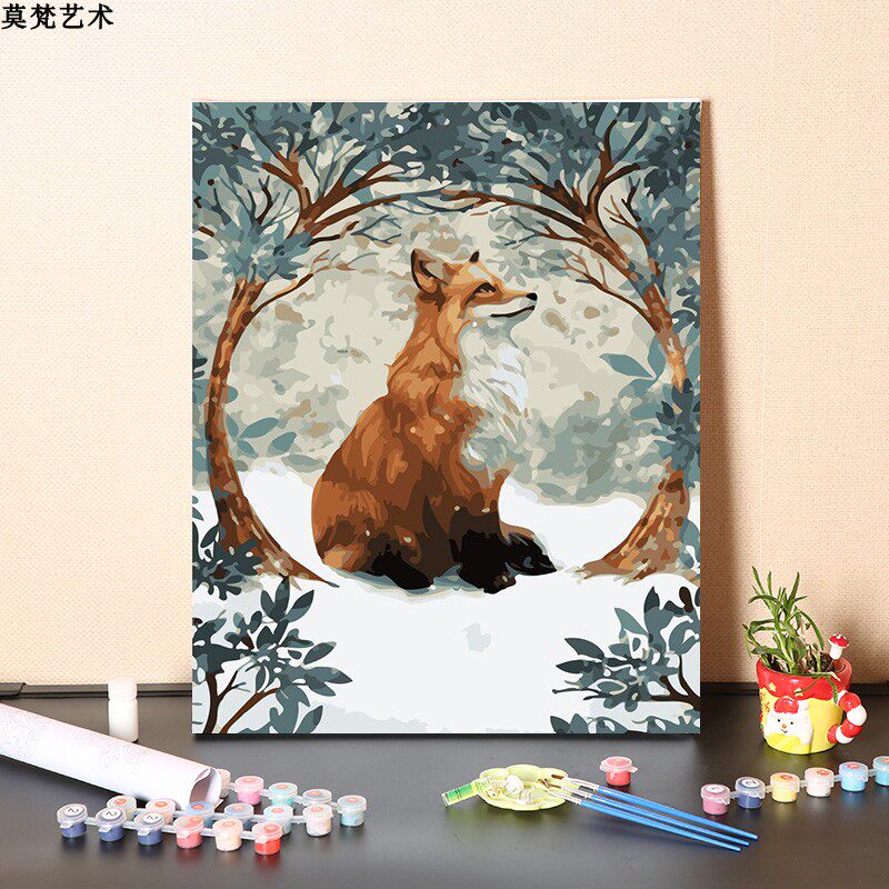 数字油画diy填充卡通动物冰天雪地里的狐狸手工填色手绘油彩画画