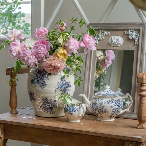 欧美法式乡村田园青花陶瓷色釉水培干鲜大肚花瓶插家用样板房摆件