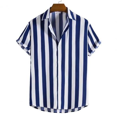 Summer Men Shirt Striped Hawaii Buttons Short Sleeve Shirt B