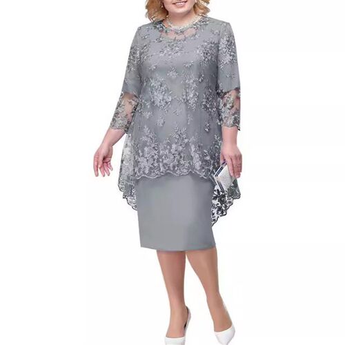 Dress Plus Size Women Evening Dress Lace Embroidered Two-pie