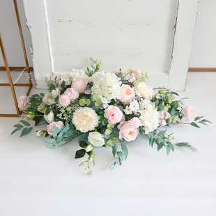 粉色婚庆花艺 婚礼t台舞台迎宾区装饰地排花点花路引花球角花花排