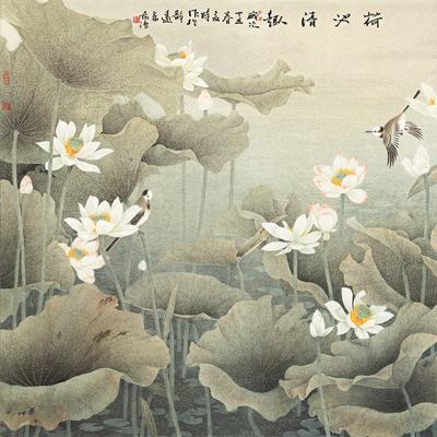 董希源荷池清趣高清艺术微喷打印国画复制山水画客厅装饰卷轴挂画