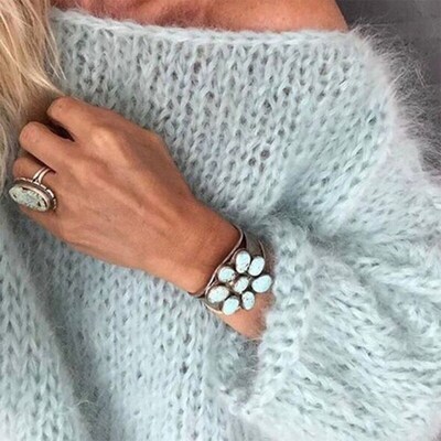 Women Lantern Long Sleeve O-Neck Sweater Fluffy Fuzzy