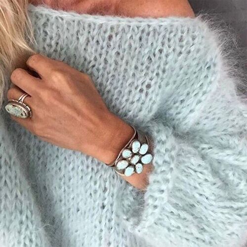 Women Lantern Long Sleeve O-Neck Sweater Fluffy Fuzzy
