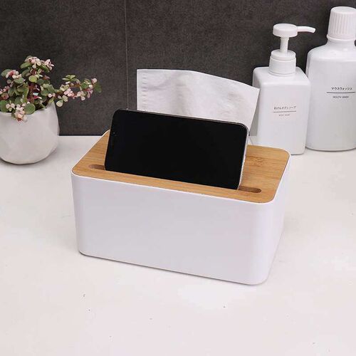 Desktop bamboo paper towel box multi function can put mobile