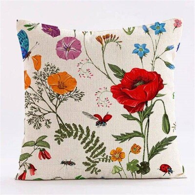 Floral Throw Pillowcase Flower Butterflies Print Colorful
