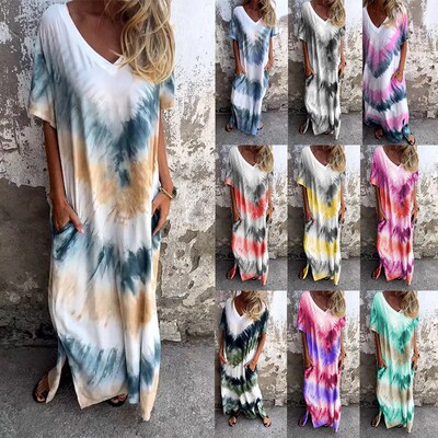 2025 Womens Casual Loose Short-sleeved V-neck Split Gradien