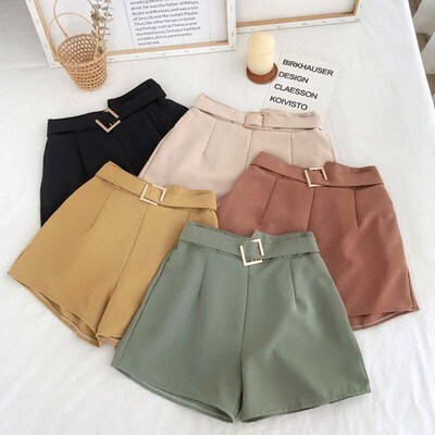 Office Elastic Waist Shorts Women Mini High Waist Shorts Wit