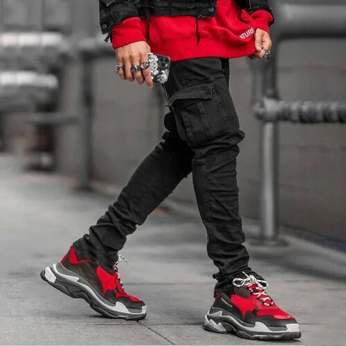 Men Set Elastic Denim Jeans Wash Solid Color Multi Pockets