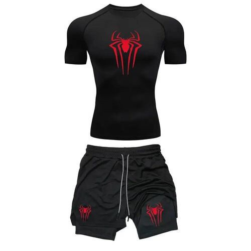 Mens Workout Compression Set  Spider Printed Gym Tshirts Br