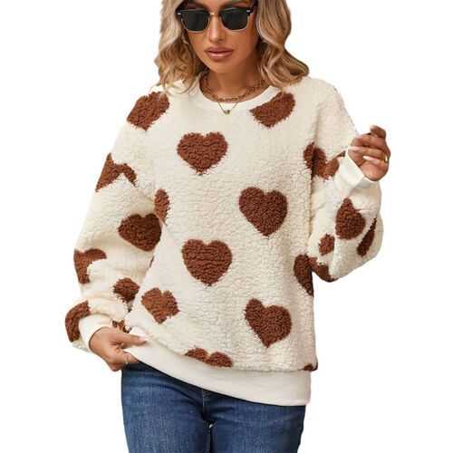 Flicker 2025 Womens Plush Love Print Loose Long Sleeve Roun