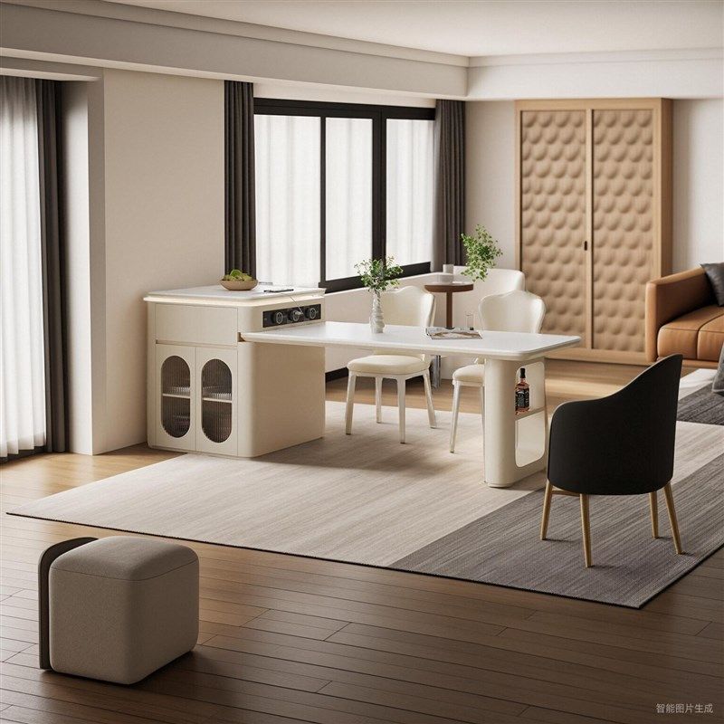 奶油风多功能岩板岛台一体可伸缩式倒台餐桌椅中小户型吃饭桌,住宅家具,岛台餐桌,淘宝优惠券,粉丝福利购,淘宝优惠卷