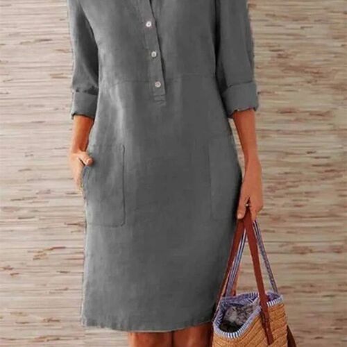Cotton Linen Dress Spring Vintage Long Sleeve Button Pocket