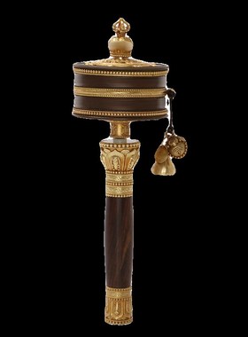 亚青手摇铜转轮西藏家用摆件藏族手持转转金筒底座转动轮转简经桶