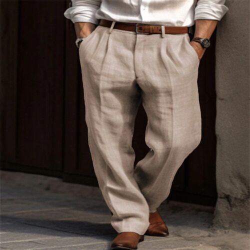 Mens Linen Trousers Double Pleated Front Bag Straight Solid