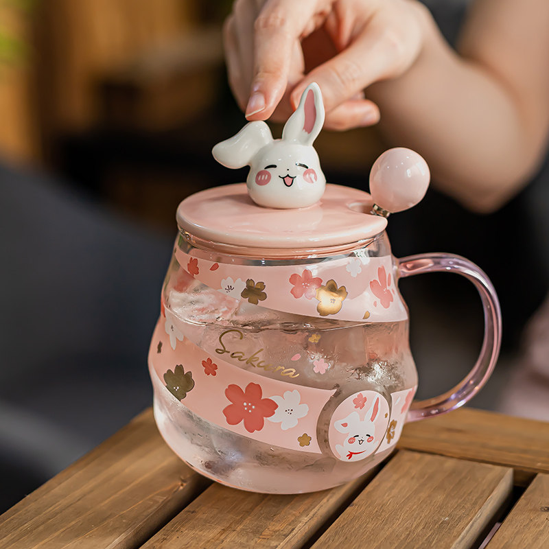 可爱超萌玻璃杯夏季女生带盖勺大容量家用喝水吸管杯子早餐燕麦杯